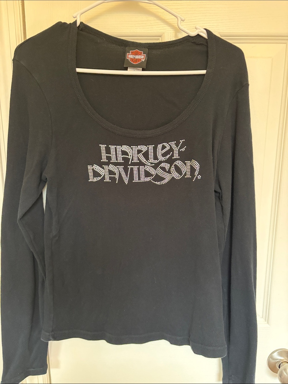 Harley-Davidson Black Long Sleeve Scoop Neck Top with Rhinestone Logo